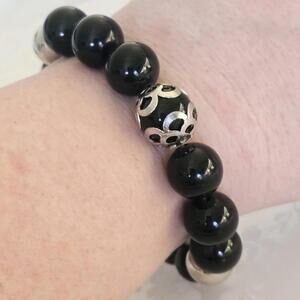 Black Beaded Silver Tone Filigree Chunky Stacking Stretch Bracelet